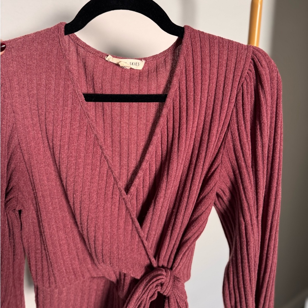 Pink Ribbed Wrap Blouse